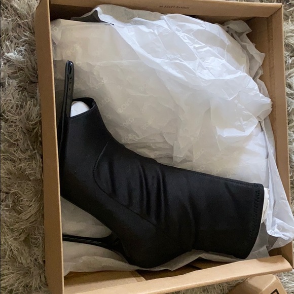 Peep toe Black satin stiletto ankle boots. - Picture 2 of 3
